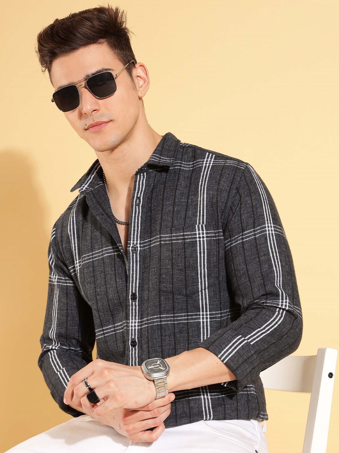 

HERE&NOW Men Slim Fit Tartan Checks Opaque Casual Shirt, Grey