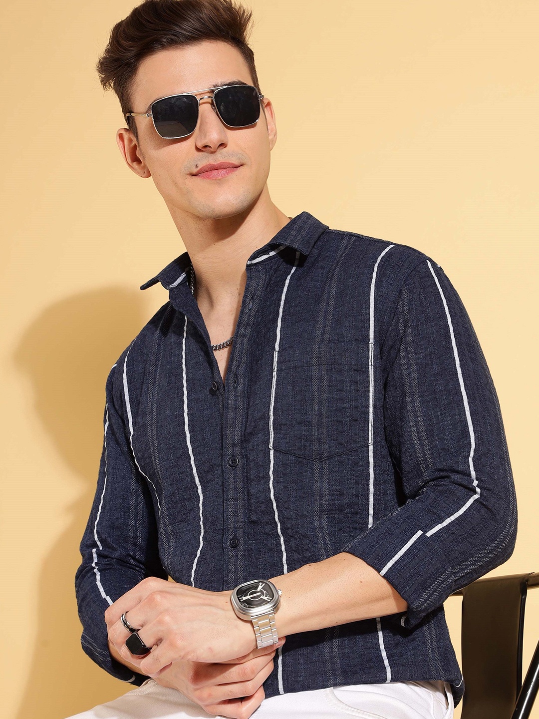 

HERE&NOW Men Striped Slim Fit Casual Shirt, Blue