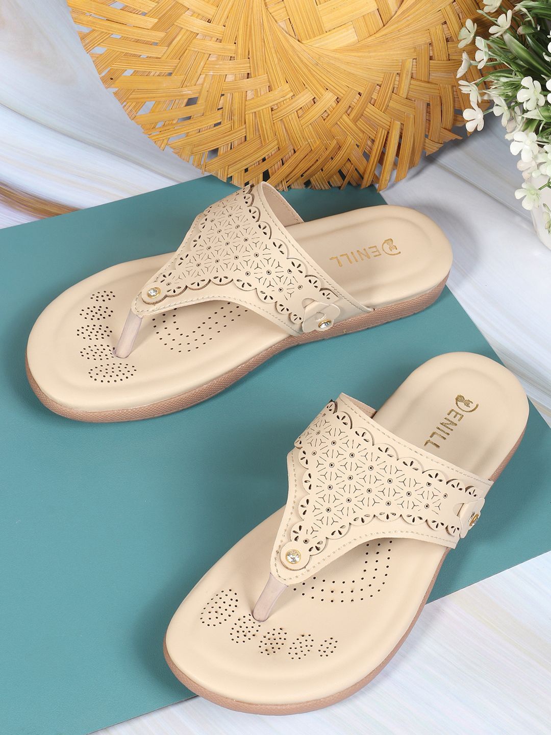

Denill Women T-Straps Flats with Laser-Cuts, Cream