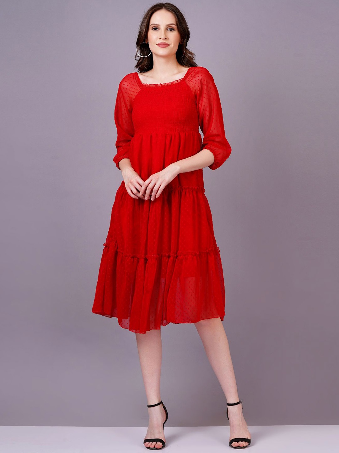 

KALINI Women Puff Sleeve Empire Midi Dress, Red