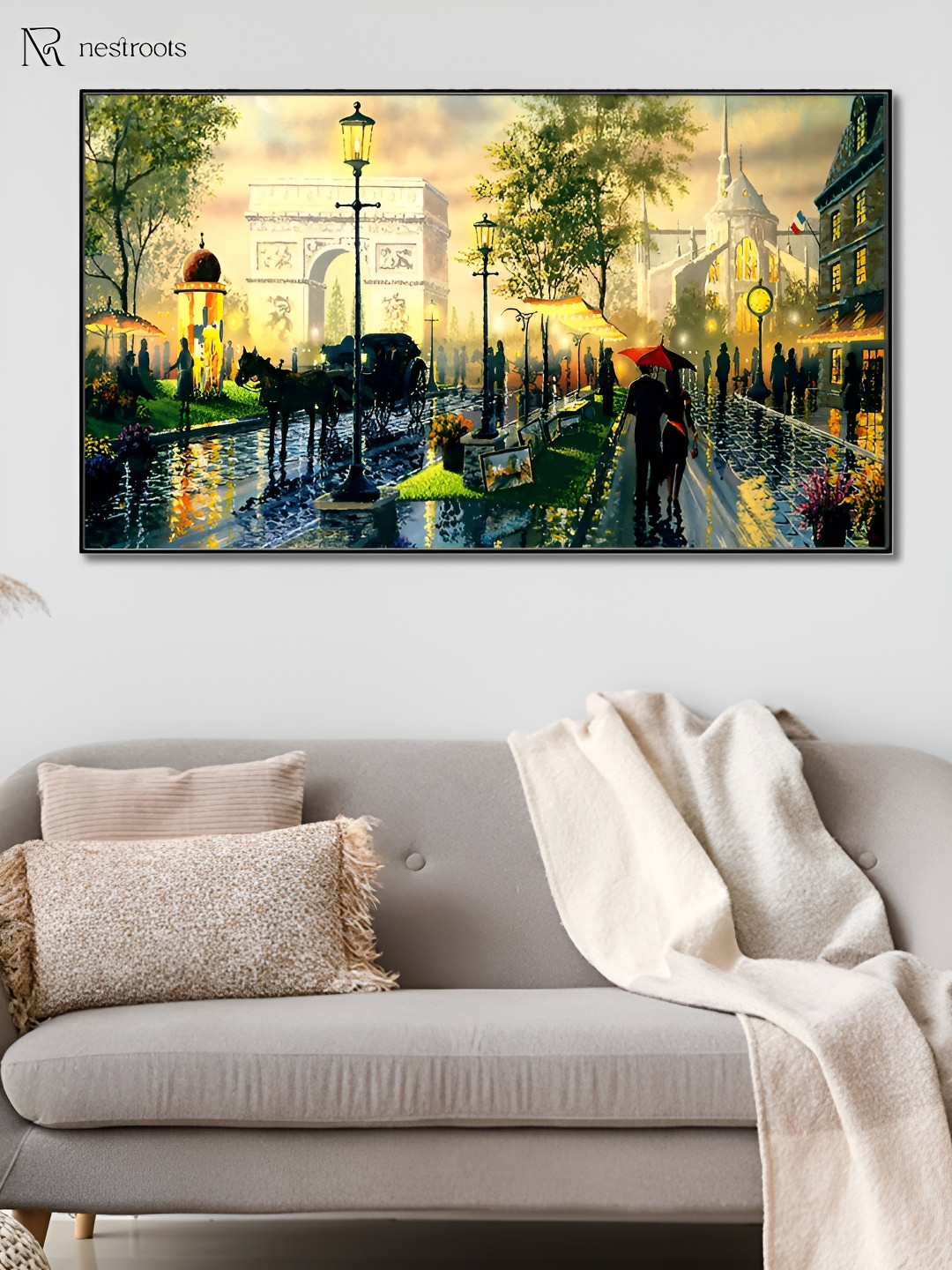 

nestroots Yellow & Blue Carriage on Bustling Street Canvas Painting Wall Art