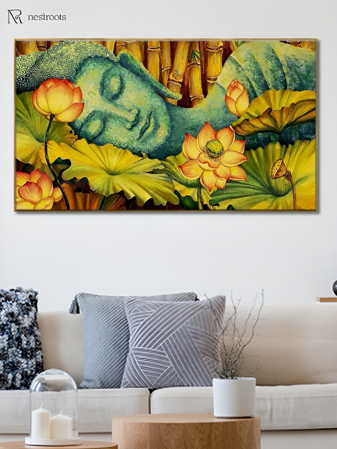 

nestroots Green & Yellow Serene Buddha Lotus Canvas Painting Wall Art