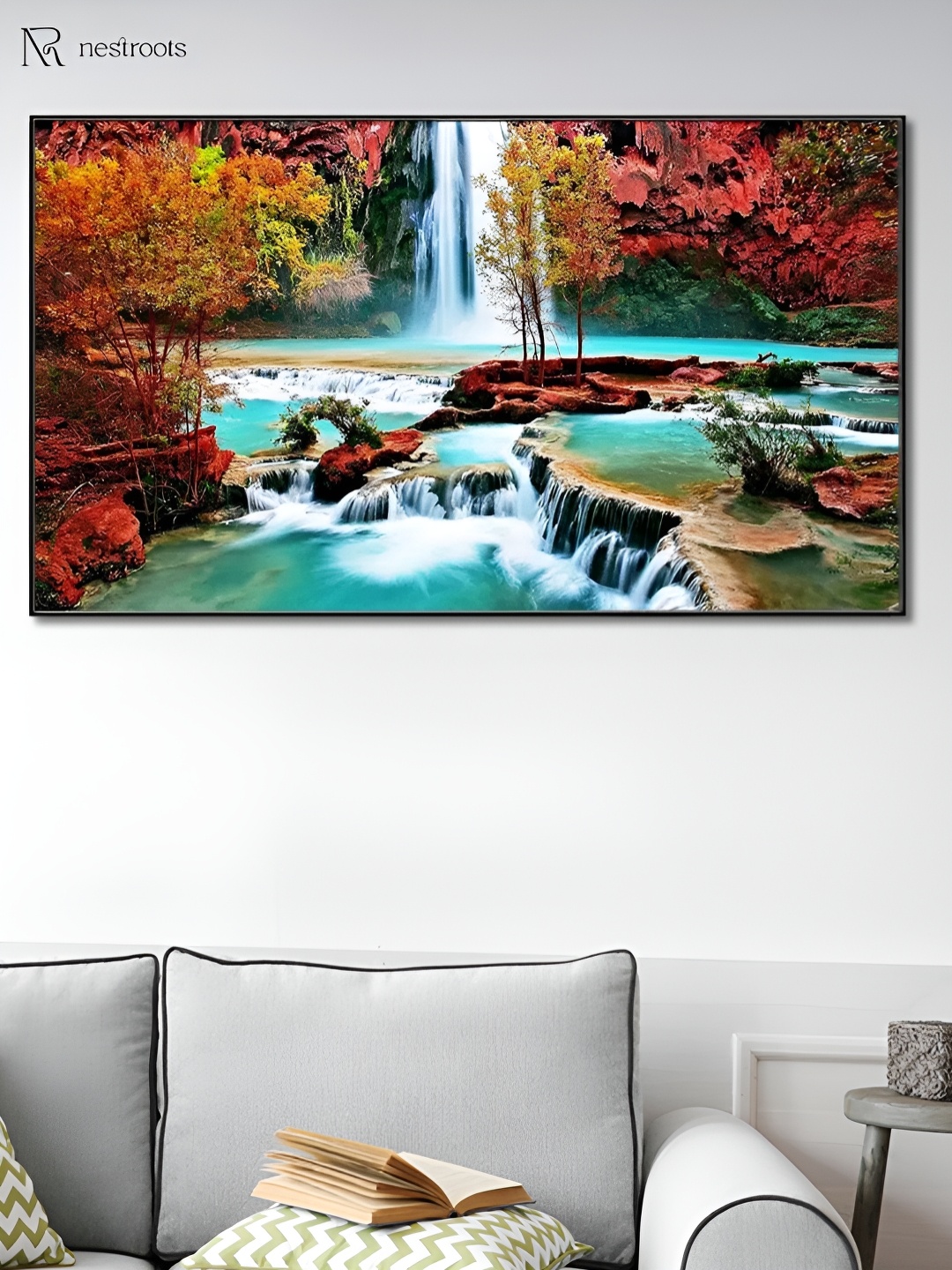 nestroots Blue & Green Waterfall Canvas Framed Painting Wall Art