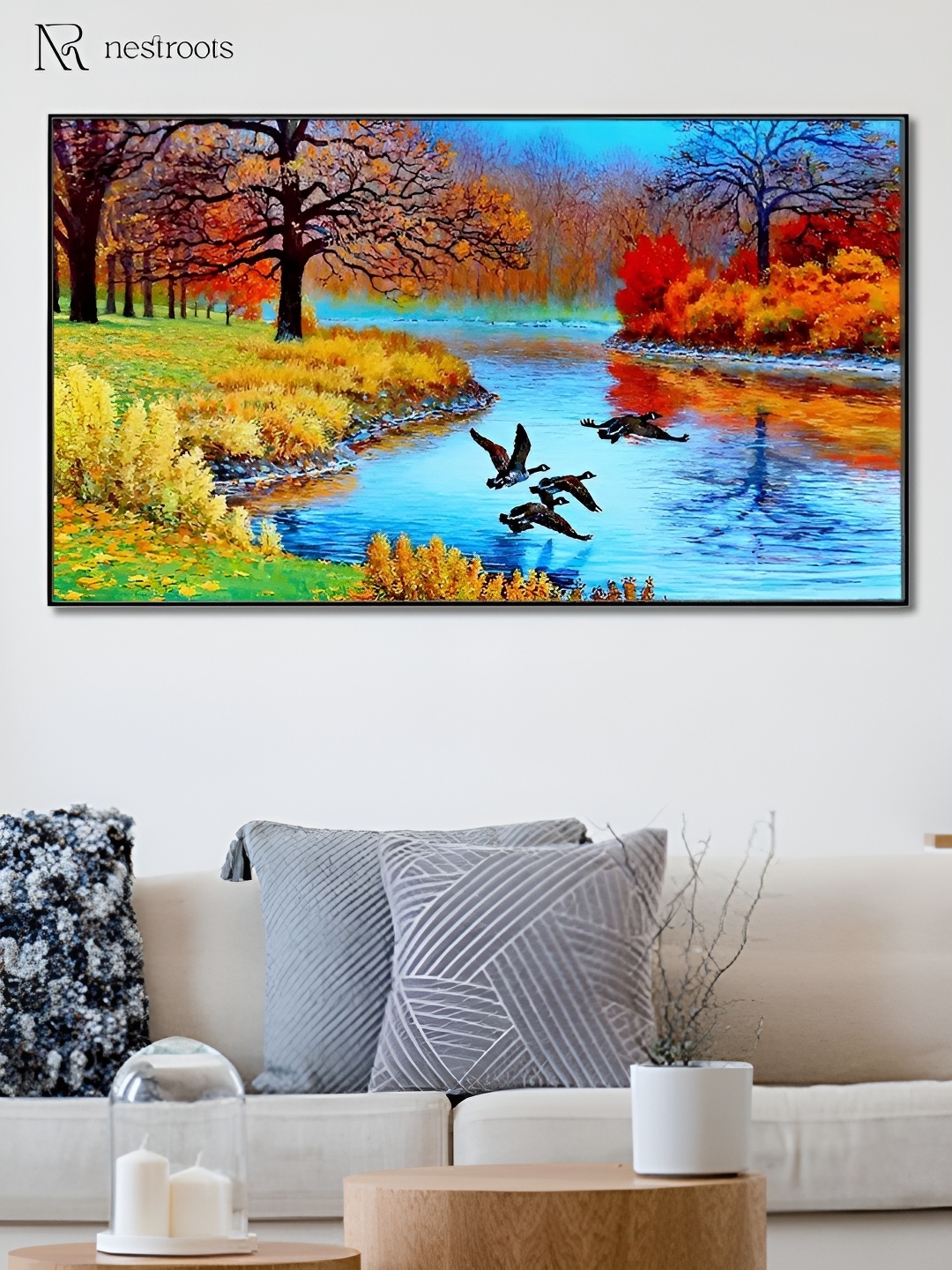 nestroots Blue & Green Ducks Over Serene River Canvas Framed Painting Wall Art