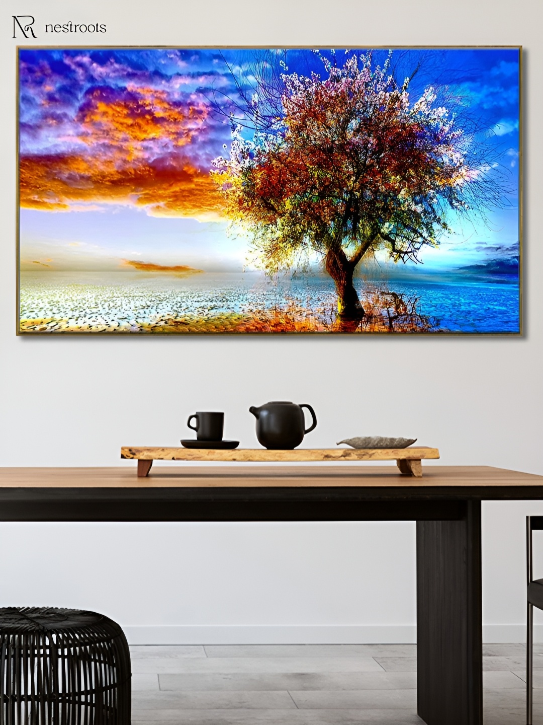 

nestroots Blue & White Ocean Tree Canvas Framed Painting Wall Art