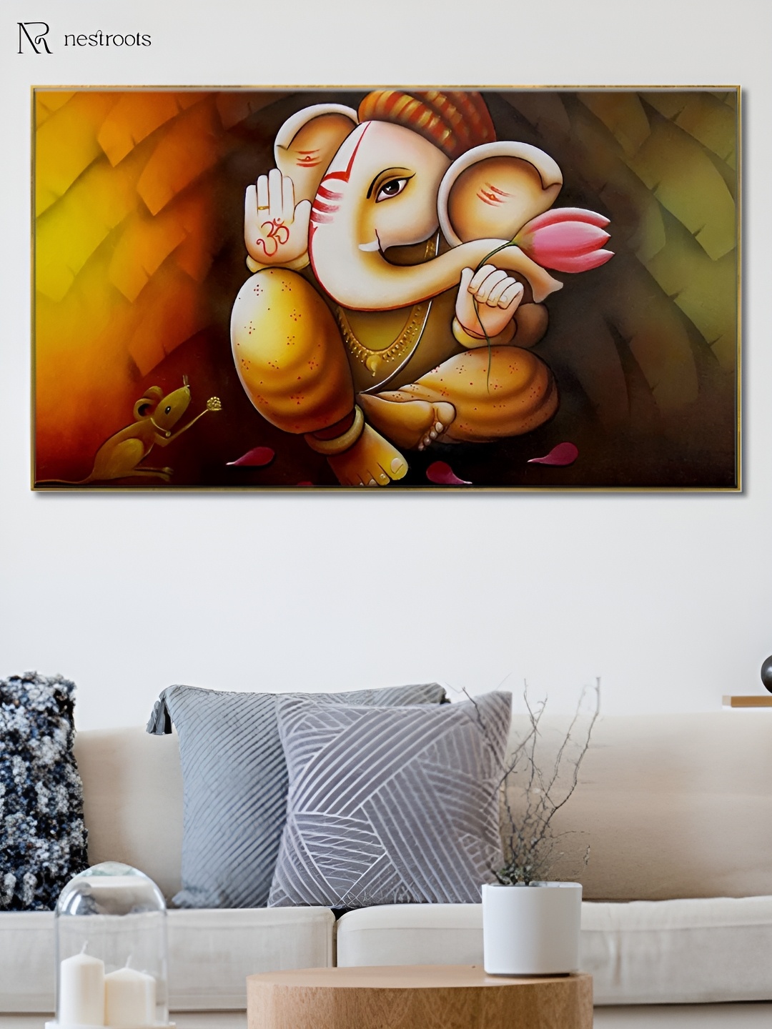 

nestroots Orange & Beige Lord Ganesh Canvas Framed Painting Wall Art
