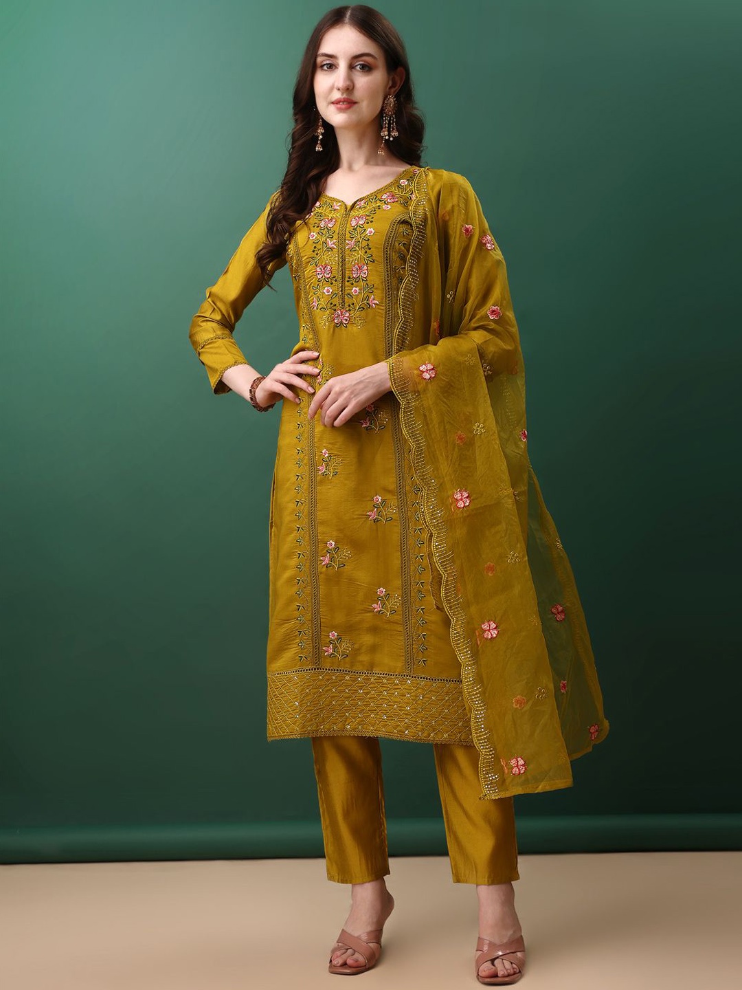 

KALINI Floral Embroidered Straight Kurta with Trousers & Dupatta, Olive