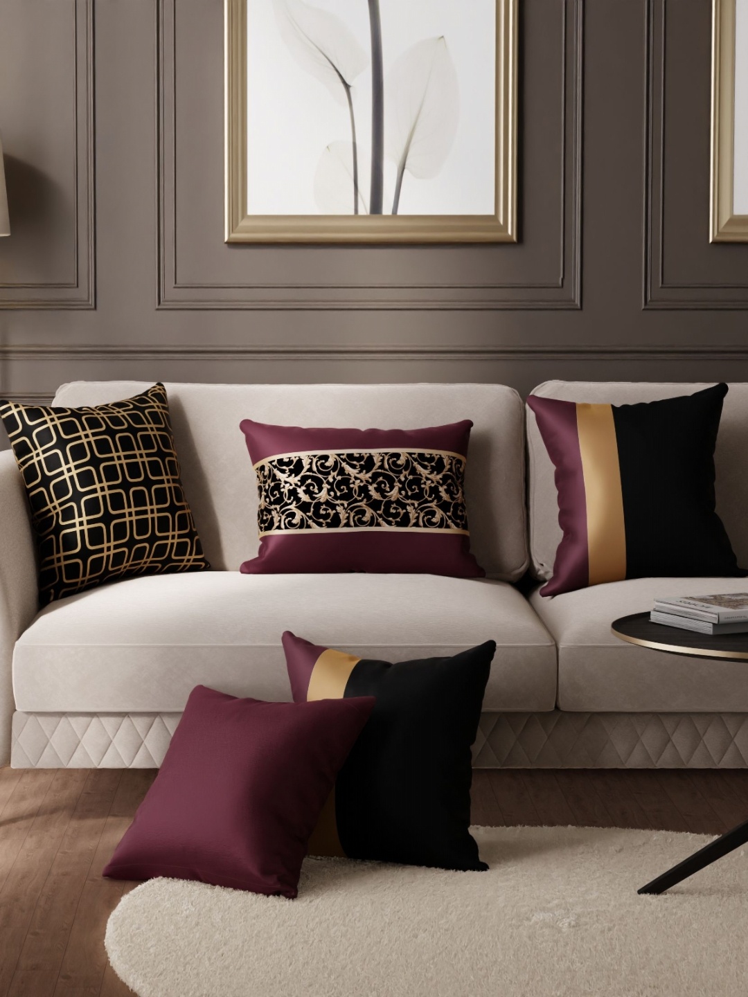 

Stoa Paris Burgundy & Gold Toned 5 Pieces Ethnic Motifs Printed Square Satin Cushion Covers