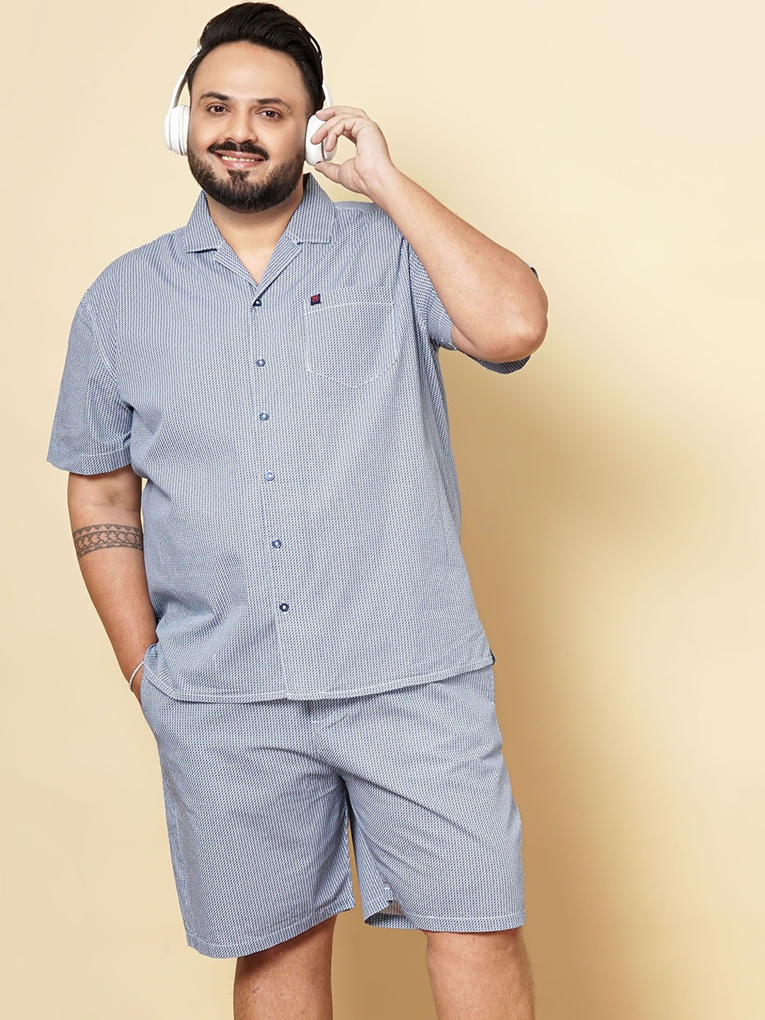 Hardsoda by The Indian Garage Co Plus Size Striped Shirt With Shorts, Blue