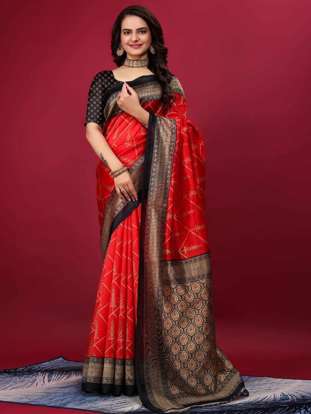 

KALINI Ethnic Motifs Zari Woven Mysore Silk Saree, Red