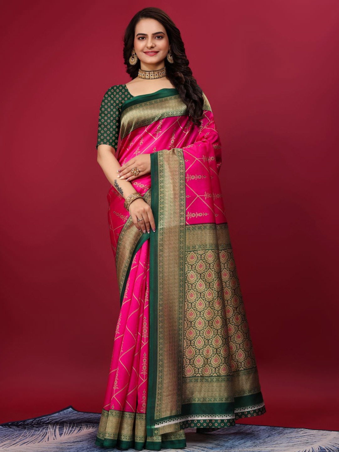 

KALINI Ethnic Motifs Zari Woven Mysore Silk Saree, Pink