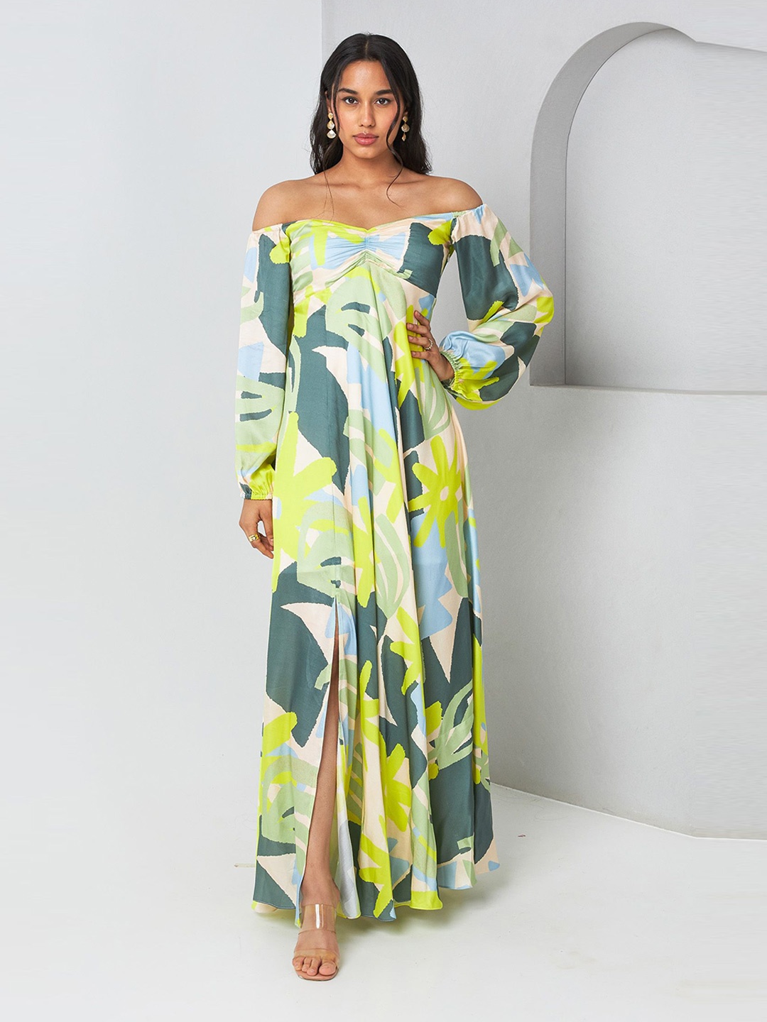 

Vedika M Women Abstract Print Off-Shoulder Satin Maxi Dress, Multi