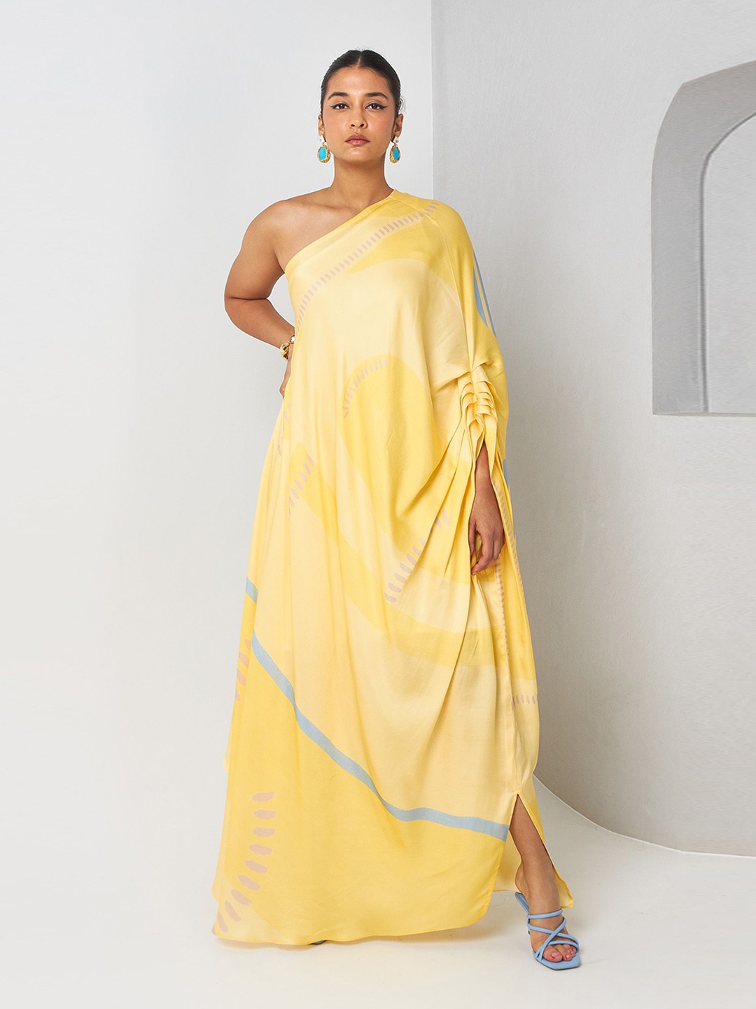 

Vedika M Women Tie and Dye Print Satin Maxi Dress, Yellow