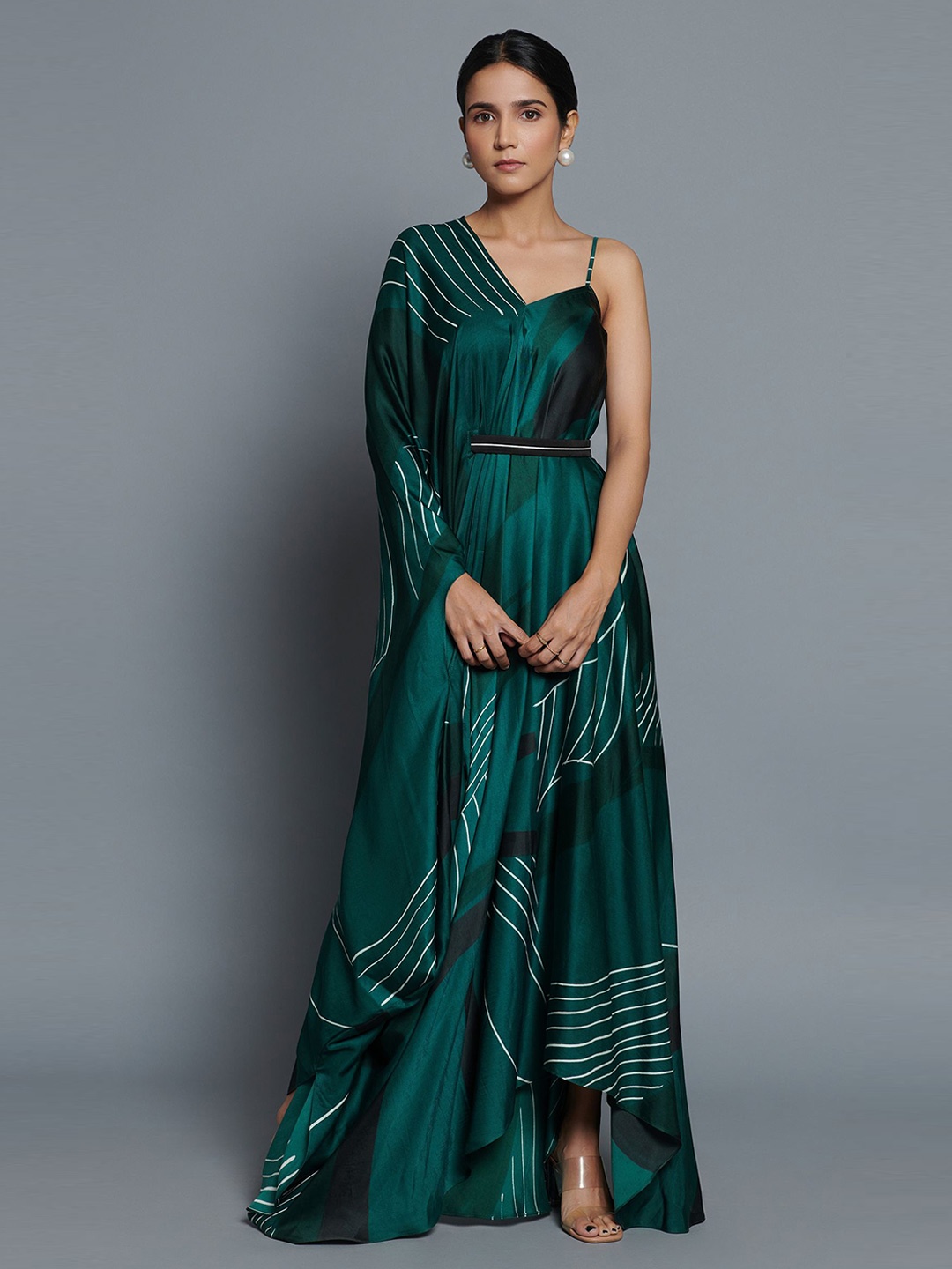 

Vedika M Women Abstract Print Satin Maxi Dress, Green