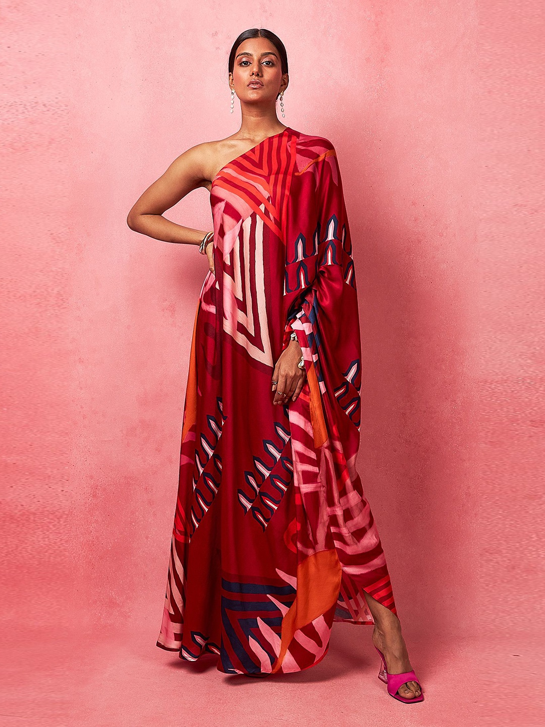 

Vedika M Women Striped Print Satin One Shoulder Drape Maxi Dress, Multi