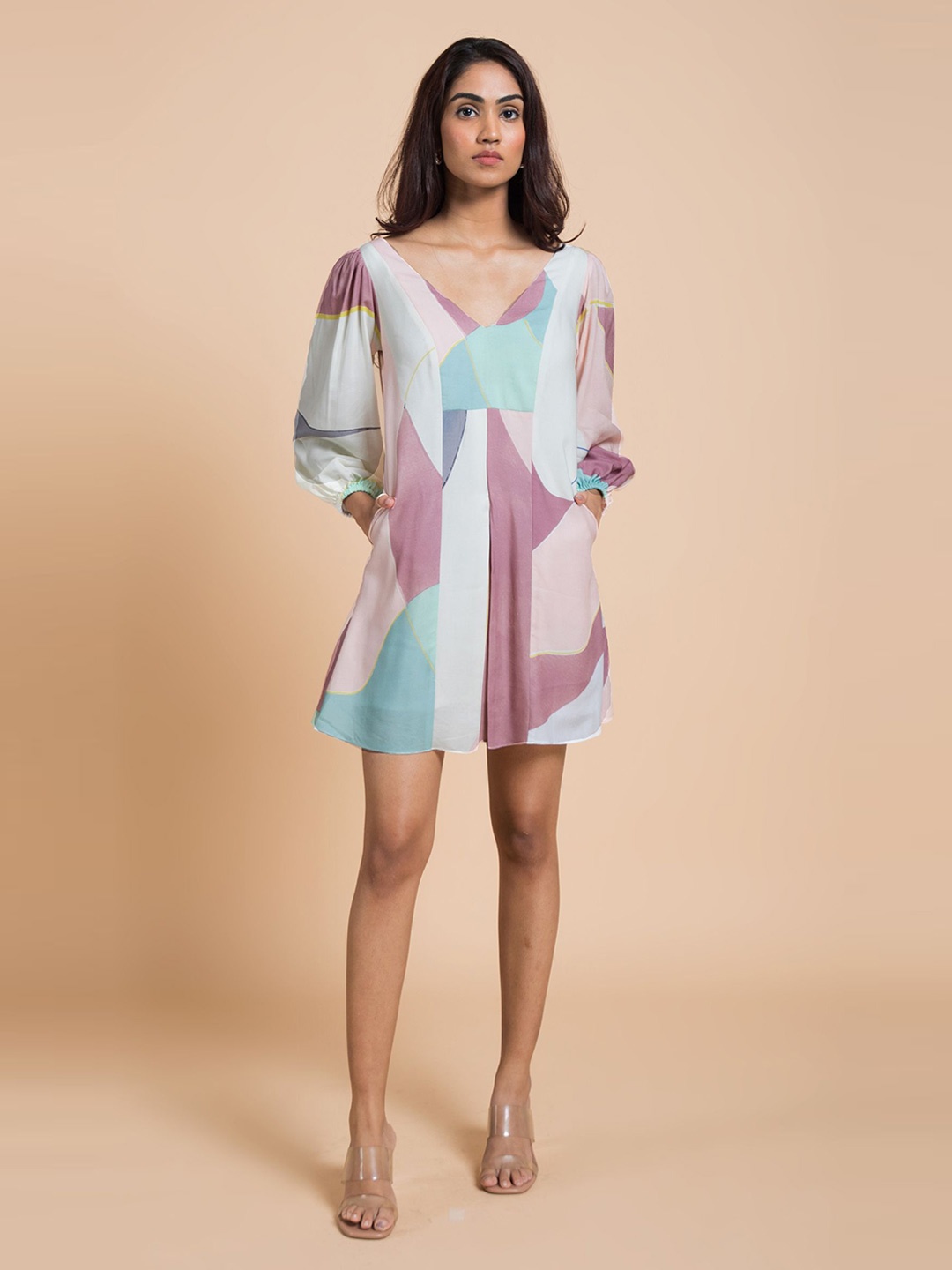 

Vedika M Women Abstract Printed Puff Sleeve A-Line Dress, Pink