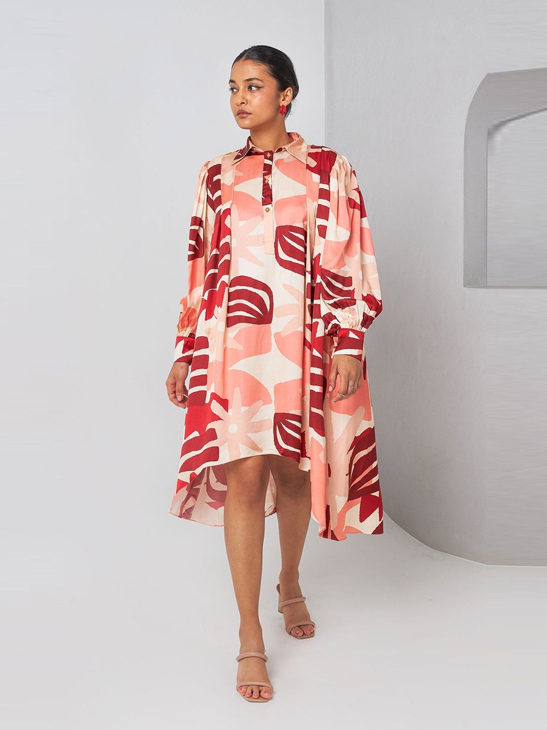 

Vedika M Women Abstract Print Satin A-Line Midi Dress, Red