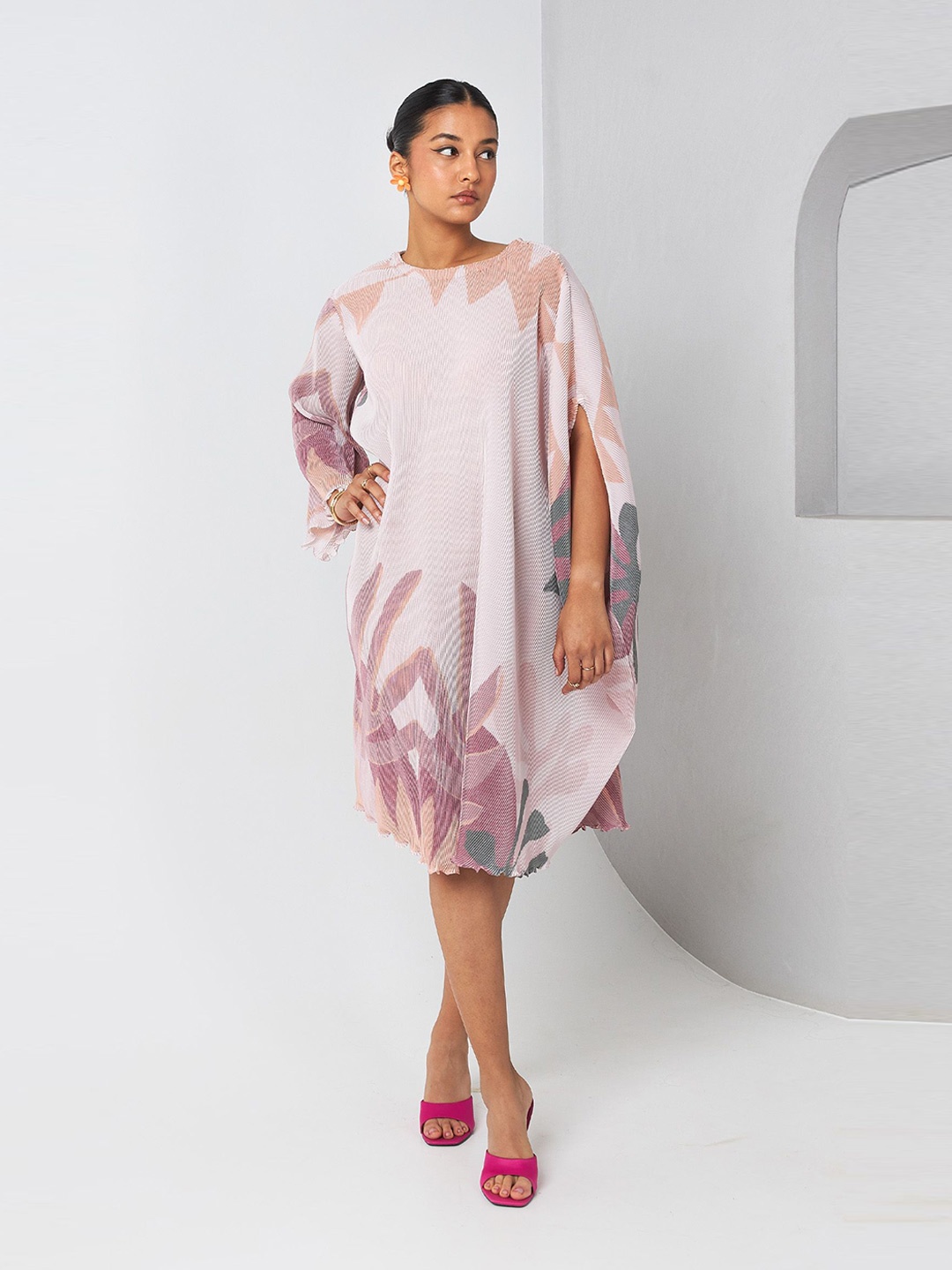 

Vedika M Women Abstract Print A-Line Micro Pleated Drape Dress, Multi