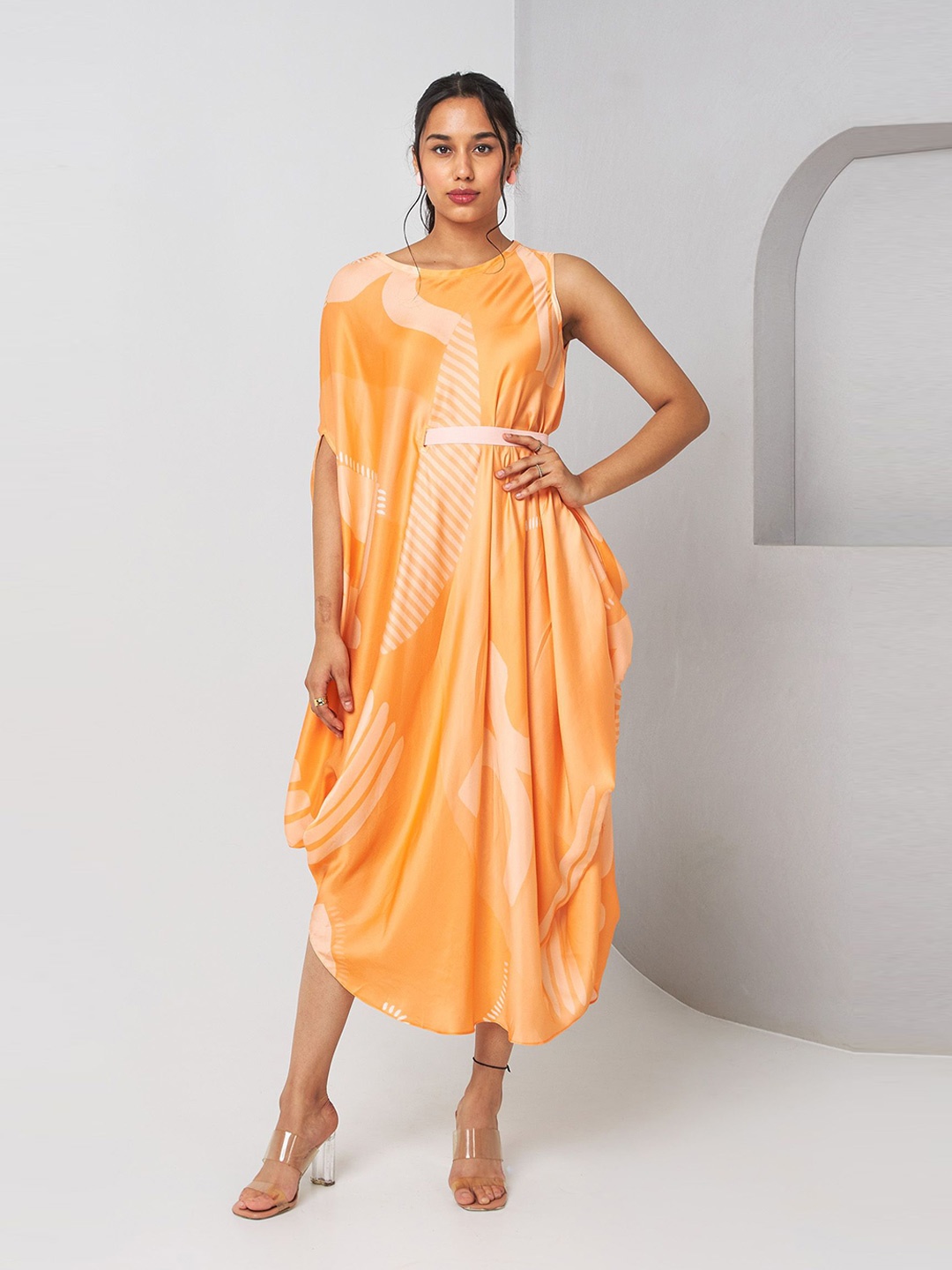 

Vedika M Women Abstract Print Satin Fit & Flare Midi Drape Dress, Orange