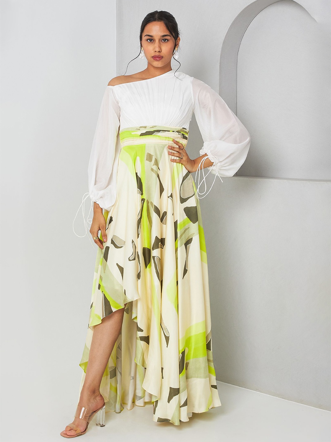 

Vedika M Women Abstract Print Satin Maxi Drop Shoulder Dress, Multi