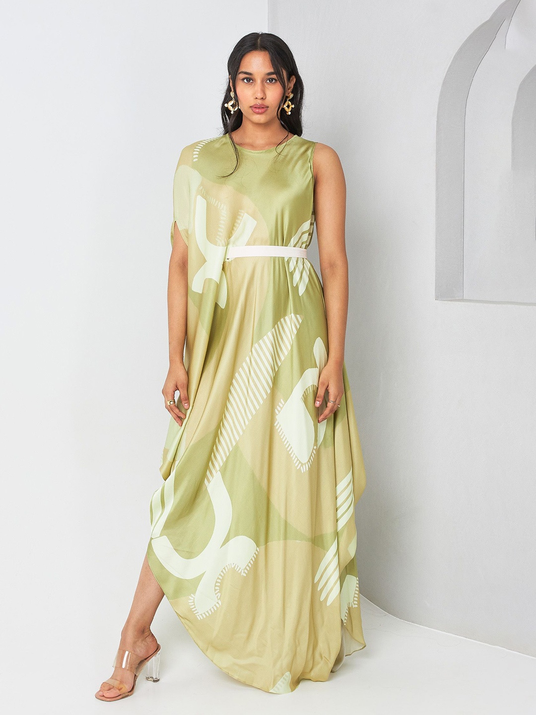 

Vedika M Women Abstract Printed Satin Maxi Drape Dress, Green