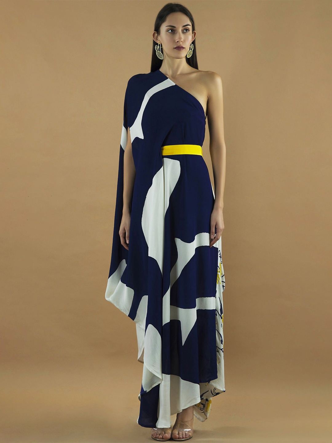 

Vedika M Women One Shoulder Abstract Maxi Dress, Navy blue