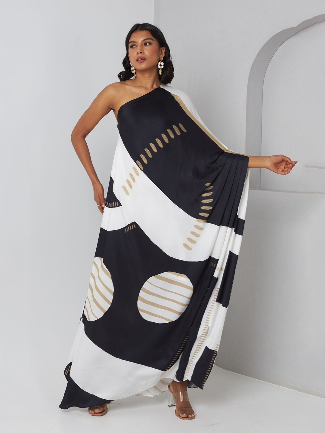 

Vedika M Women Abstract Printed One Shoulder Satin Maxi Dress, Black