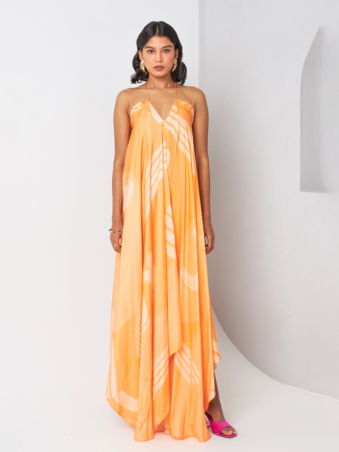 

Vedika M Women Abstract Print Satin Maxi Dress, Orange