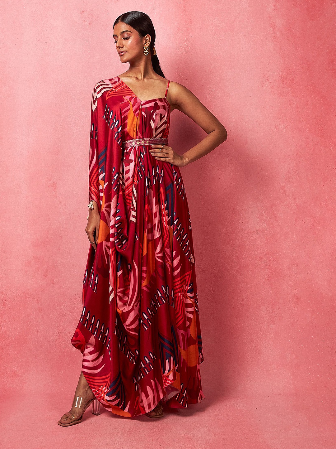 

Vedika M Women Abstract Print Satin Blouson Maxi Dress, Multi