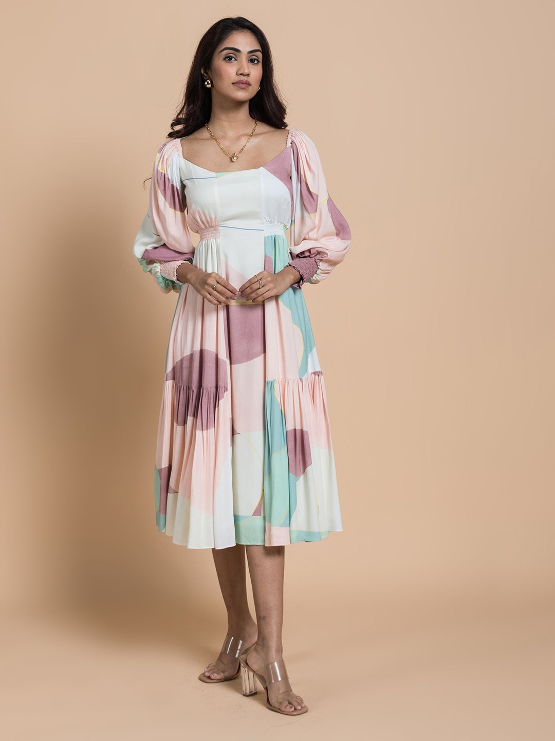 

Vedika M Women Abstract Fit & Flare Midi Dress, Pink
