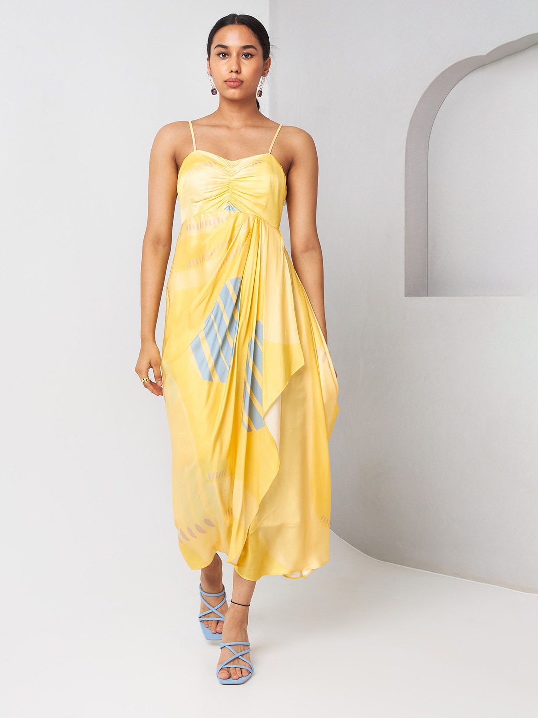 

Vedika M Women Satin A-Line Abstract Printed Midi Dress, Yellow