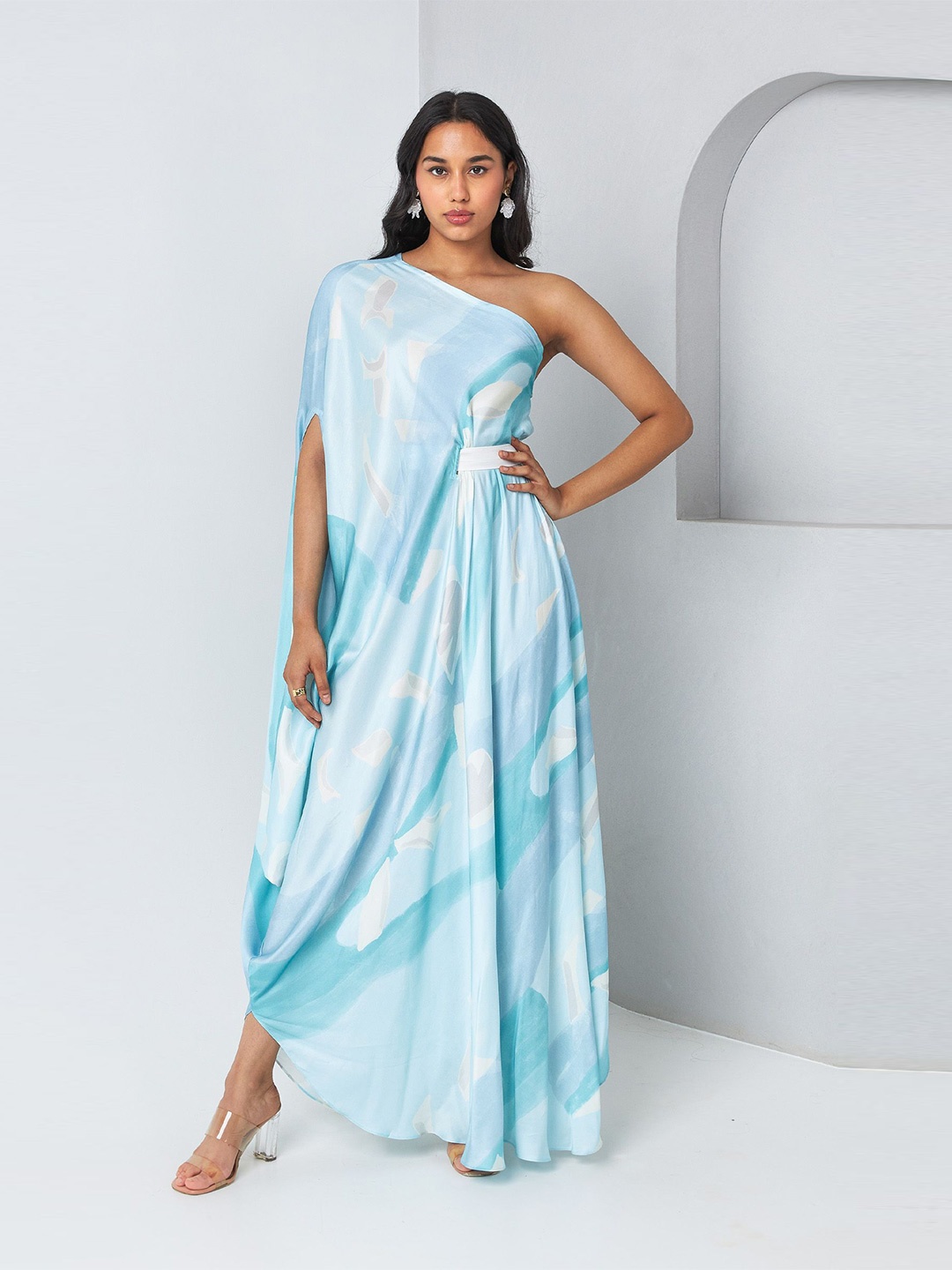 

Vedika M Women Abstract Printed One Shoulder Drape Satin Maxi Dress, Blue