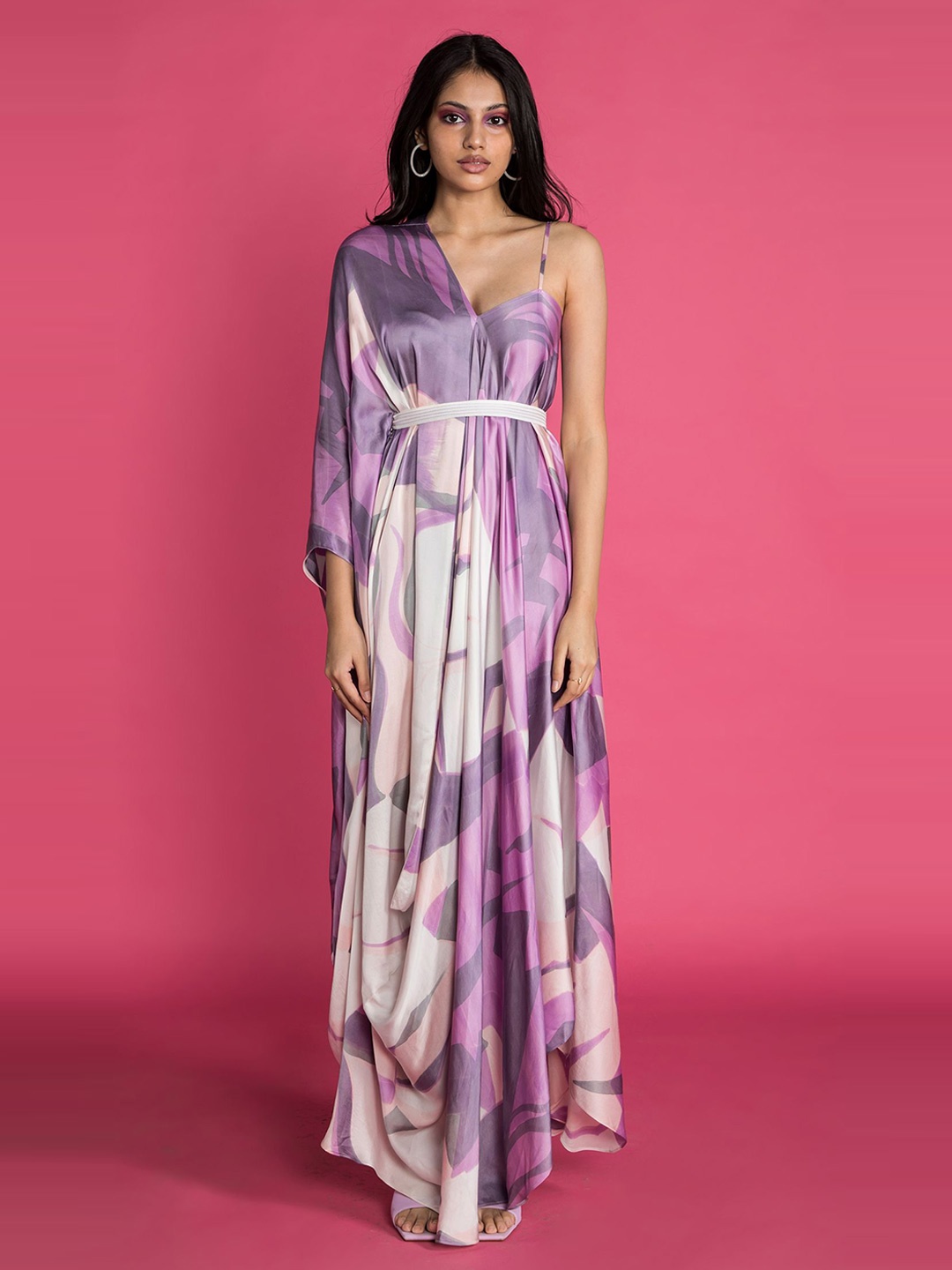 

Vedika M Women Abstract Printed Satin Maxi Dress, Purple