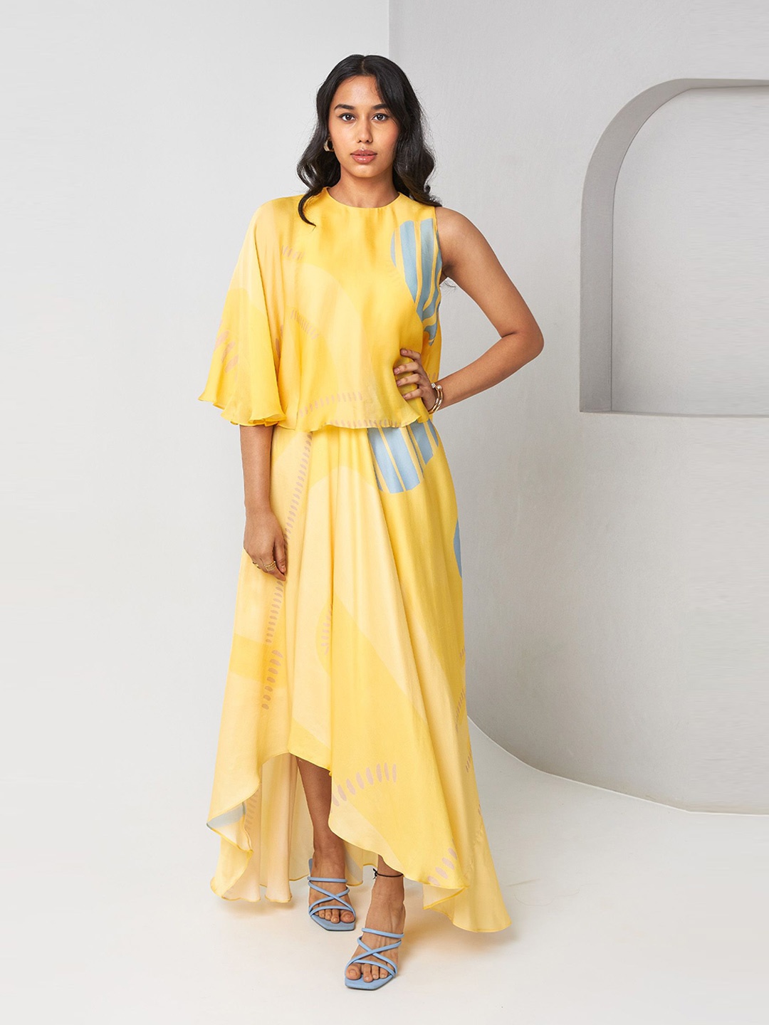 

Vedika M Women Abstract Printed Satin Maxi Cape Dress, Yellow