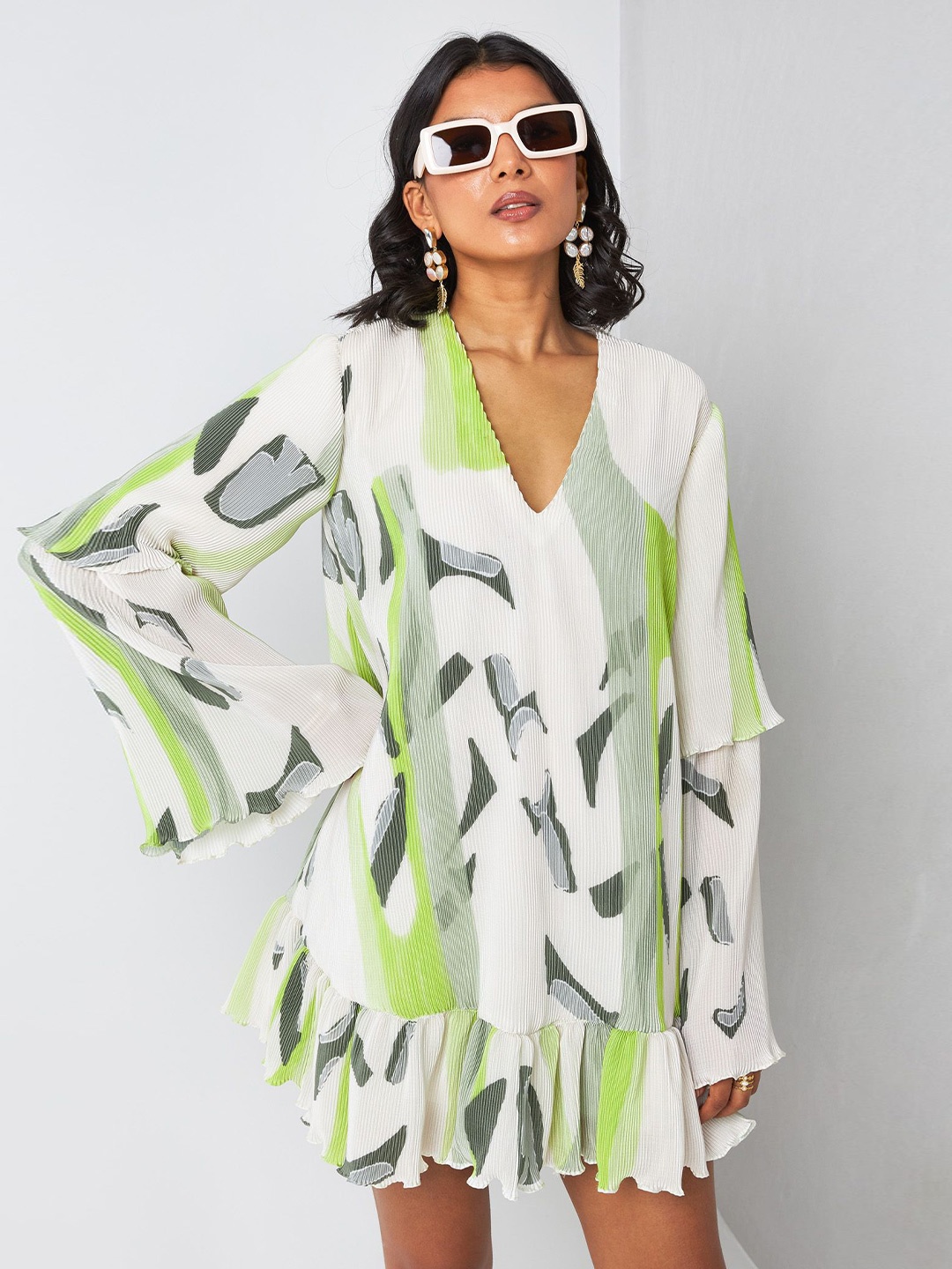 

Vedika M Women Abstract Print Flared Sleeve A-Line Dress, Multi