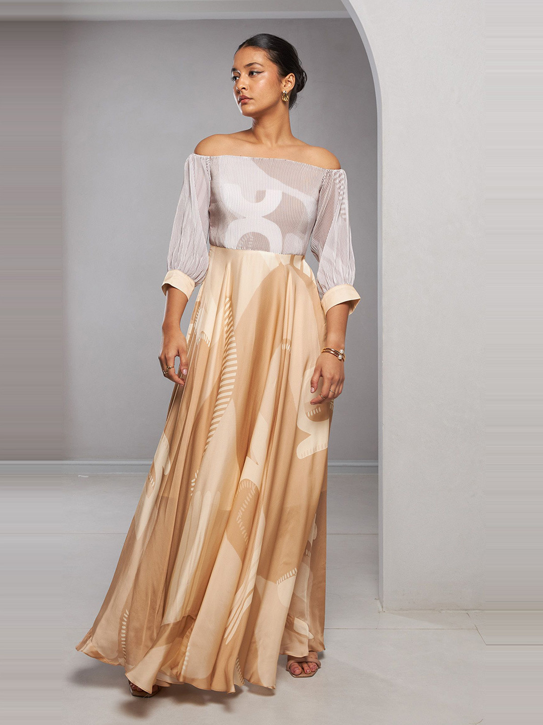 

Vedika M Women Abstract Off-Shoulder Maxi Dress, Beige