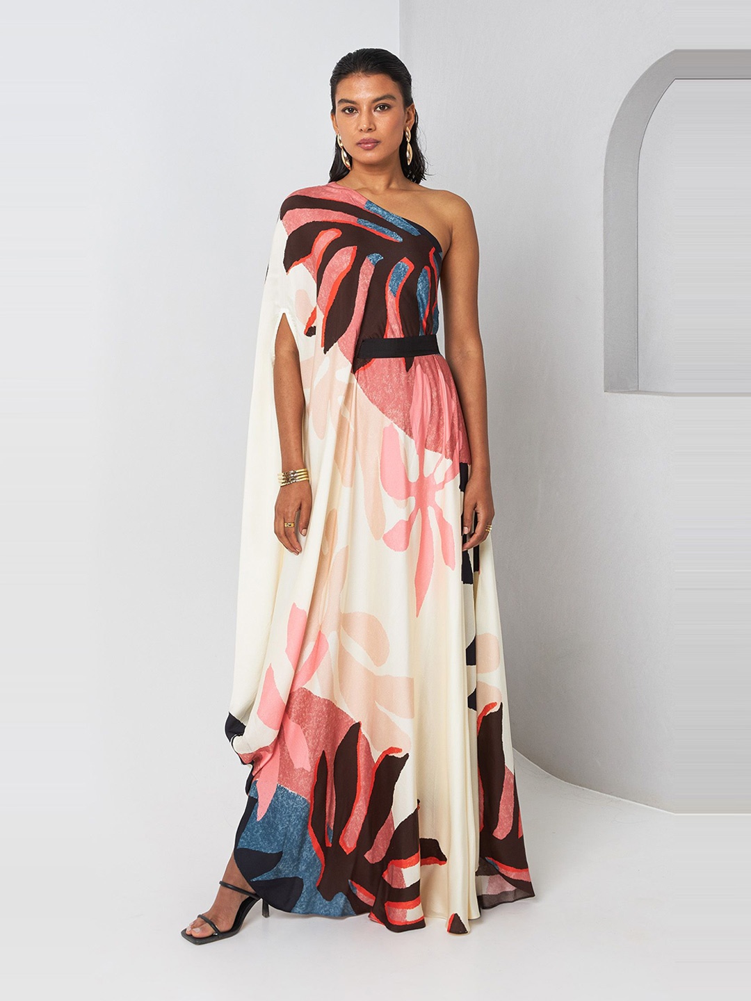 

Vedika M Women Abstract Printed One Shoulder Satin Maxi Dress, Multi