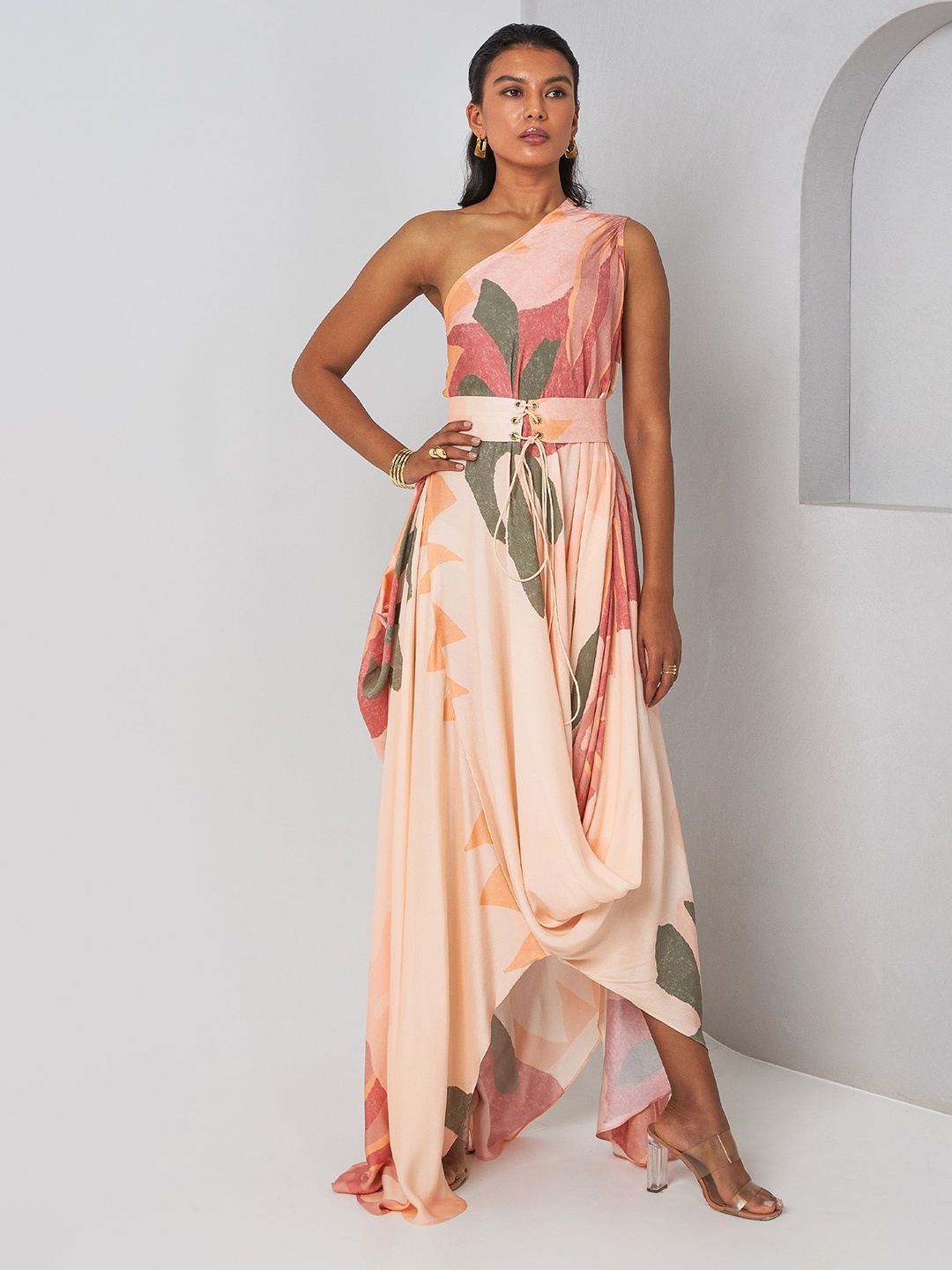 

Vedika M Women Abstract Printed Asymmetric One Shoulder Drape Satin Maxi Dress, Multi