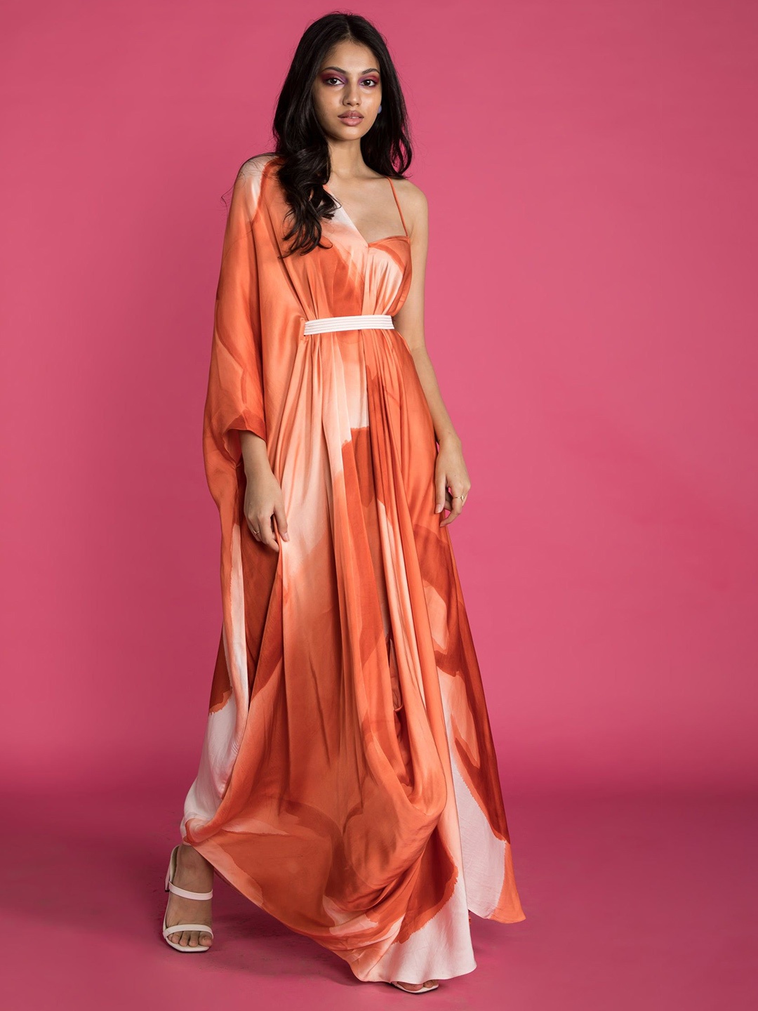 

Vedika M Women Satin Abstract Printed Drape Maxi Dress, Orange