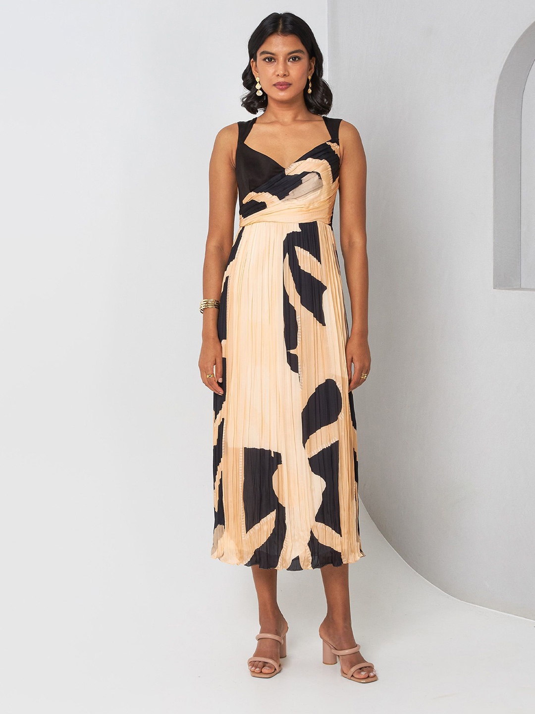 

Vedika M Women Abstract Satin Fit & Flare Maxi Dress, Beige