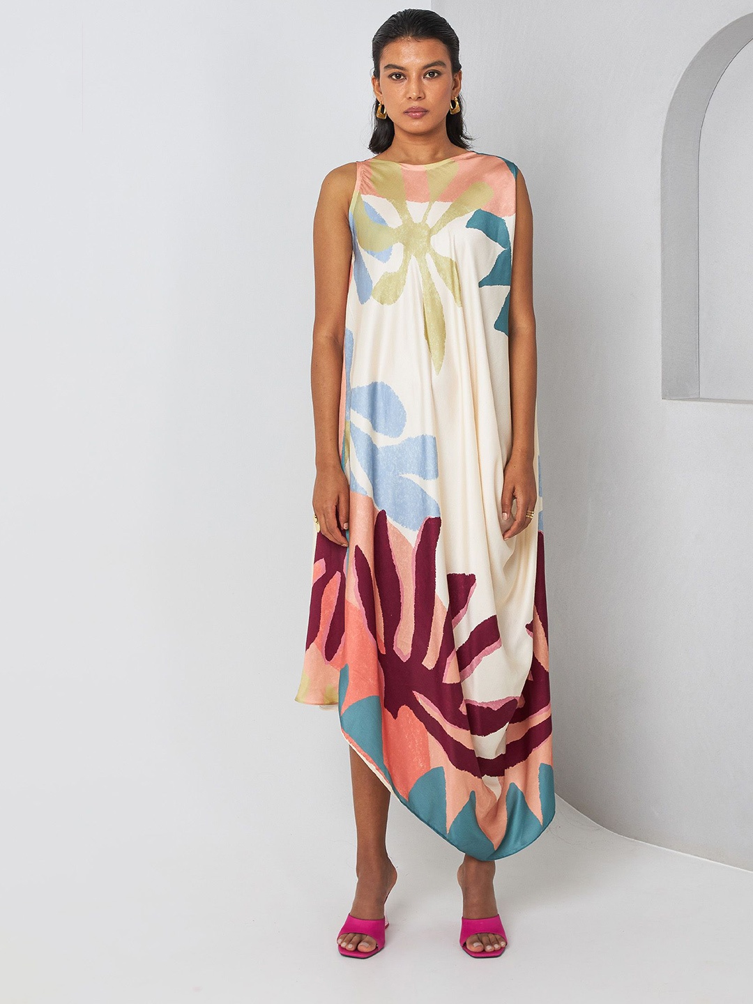 

Vedika M Women Abstract Print Sleeveless Satin A-Line Midi Dress, Multi
