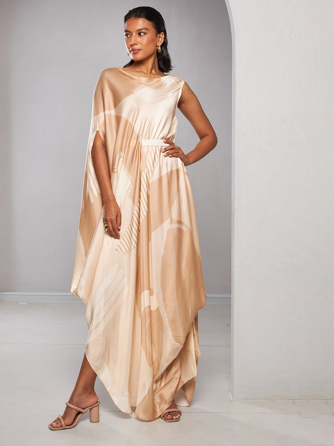 

Vedika M Women Abstract Printed One Shoulder Fit & Flare Dress, Beige