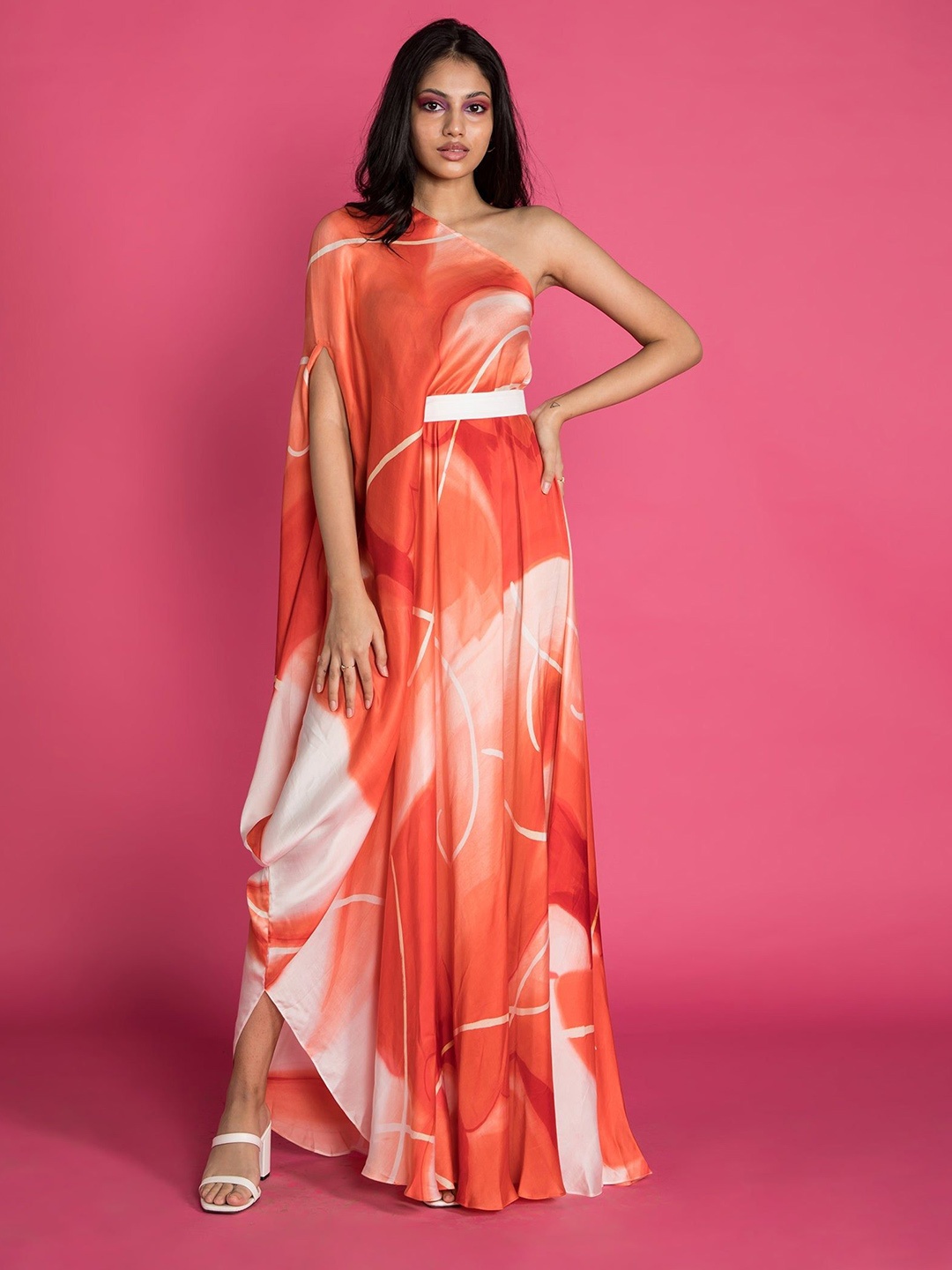 

Vedika M Women Abstract Print One Shoulder Fit & Flare MaxiDress, Orange