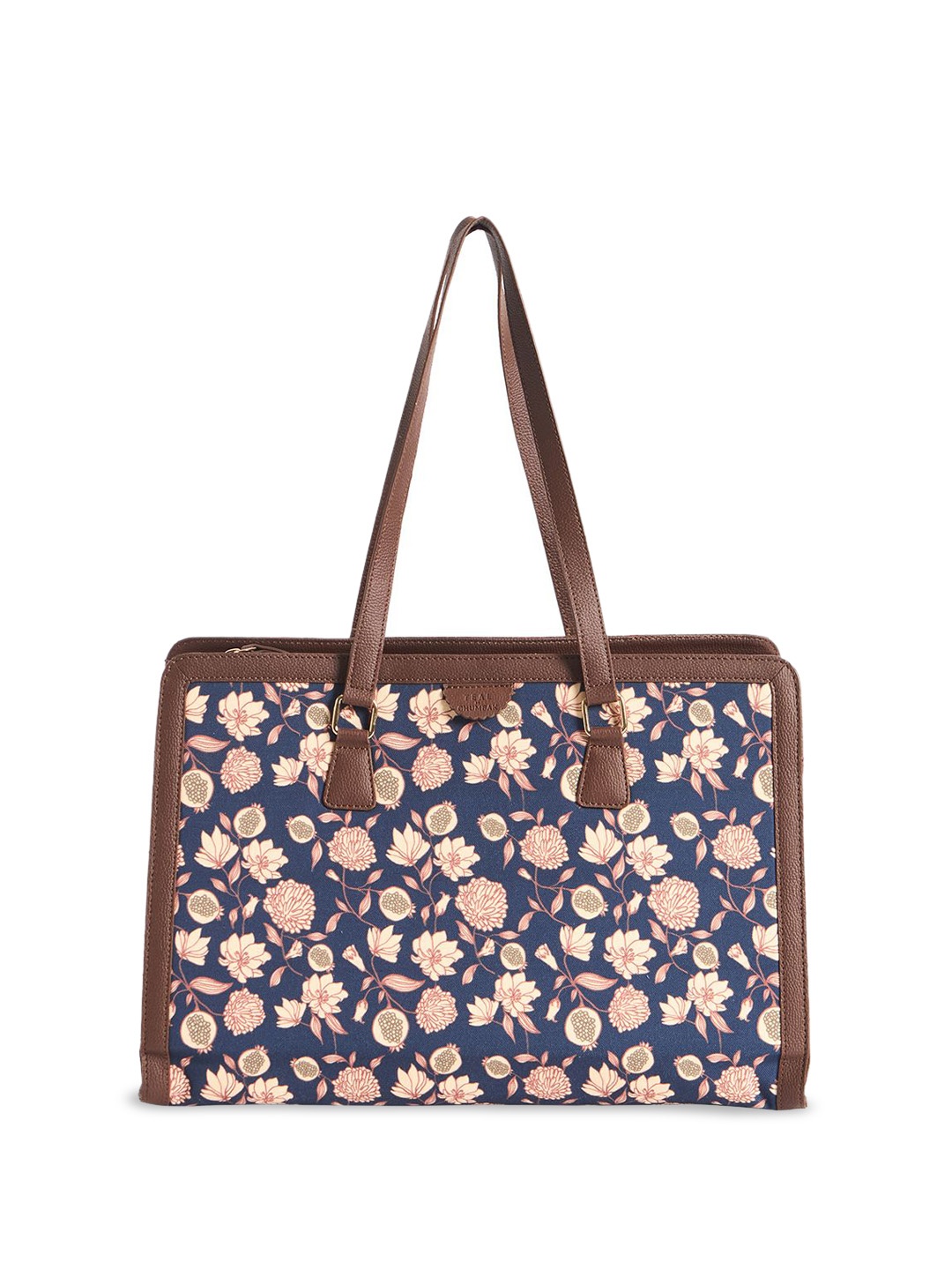 

TEAL BY CHUMBAK Floral Printed Structured Handheld Bag with Bow Detail, Blue