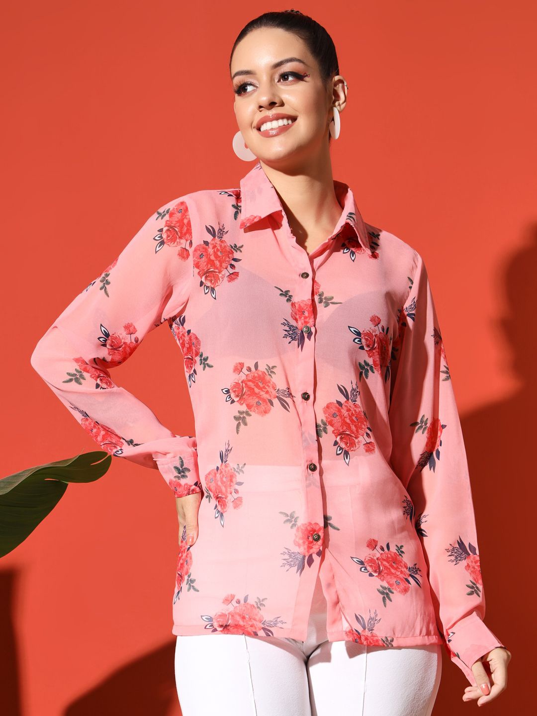 

Rudraaksha Creations Women Relaxed Floral Printed Semi Sheer Casual Shirt, Peach