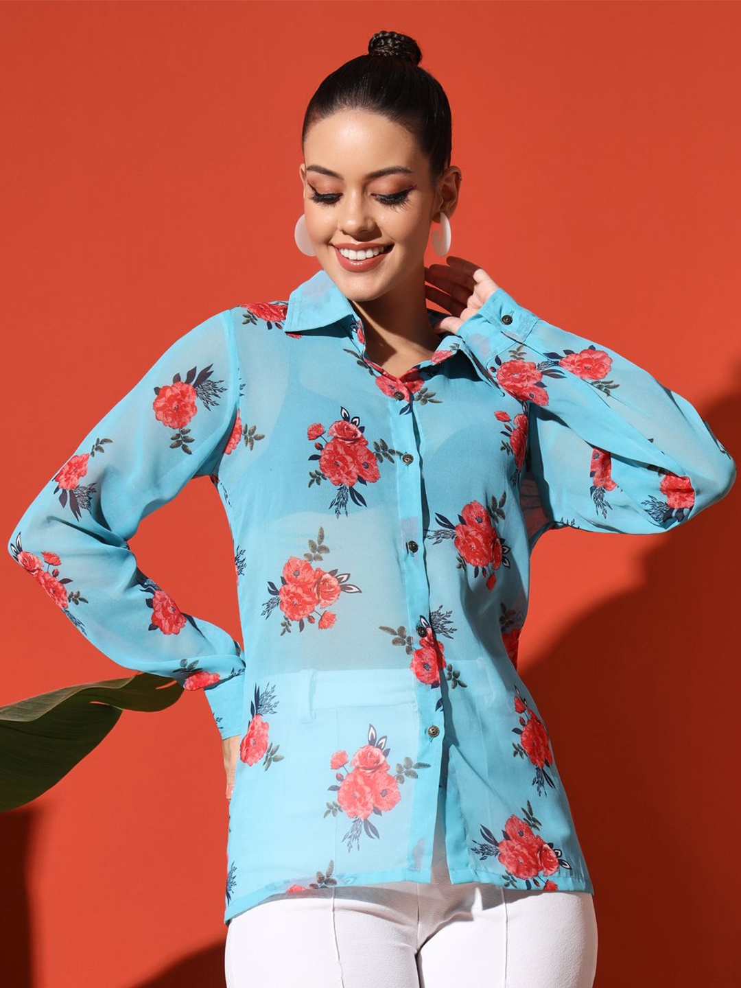 

Rudraaksha Creations Women Relaxed Floral Printed Semi Sheer Casual Shirt, Blue