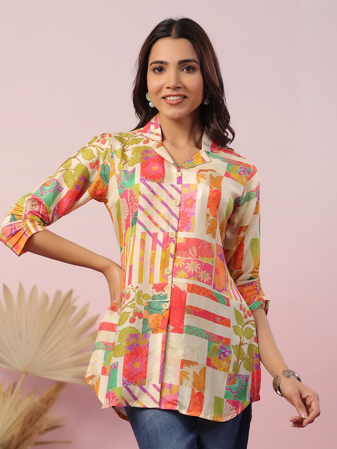 

Kaftanize Women Printed Three-Quarter Sleeves Shirt Collar Tunic, Orange