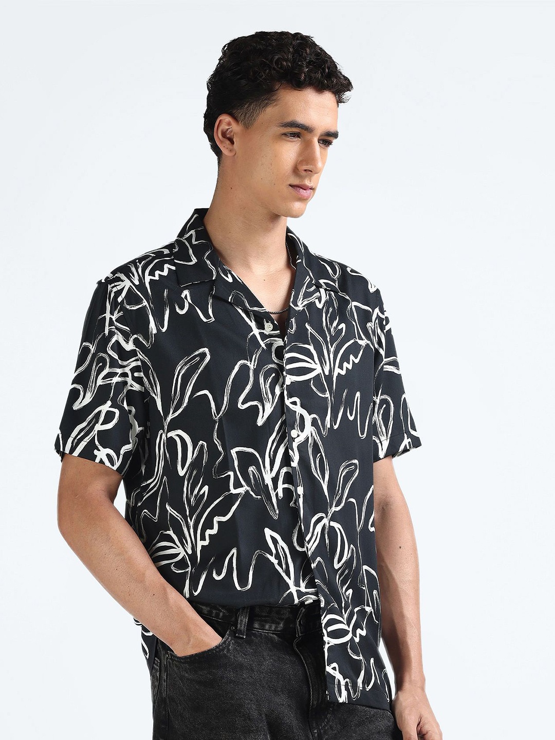 

Flying Machine Men Abstract Printed Abstract Viscose Rayon Casual Shirt, Black