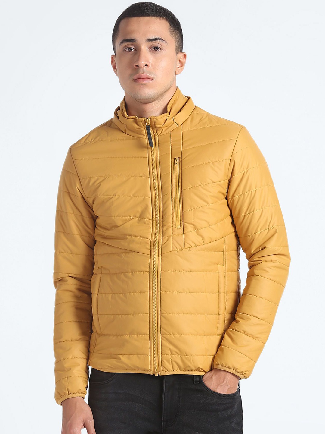 

Flying Machine Detachable Hood Solid Men Padded Jacket, Yellow