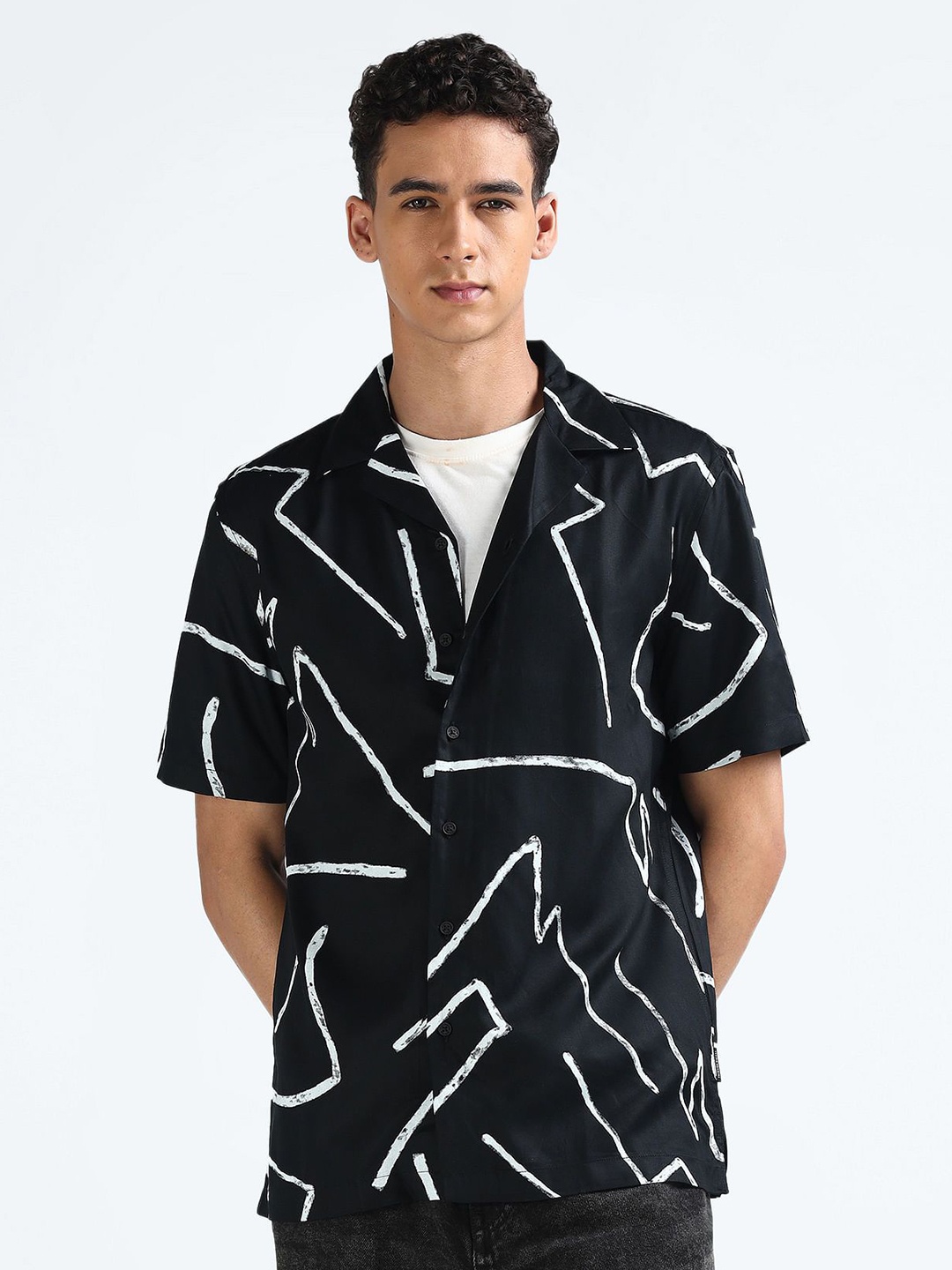 

Flying Machine Men Abstract Printed Abstract Viscose Rayon Casual Shirt, Black